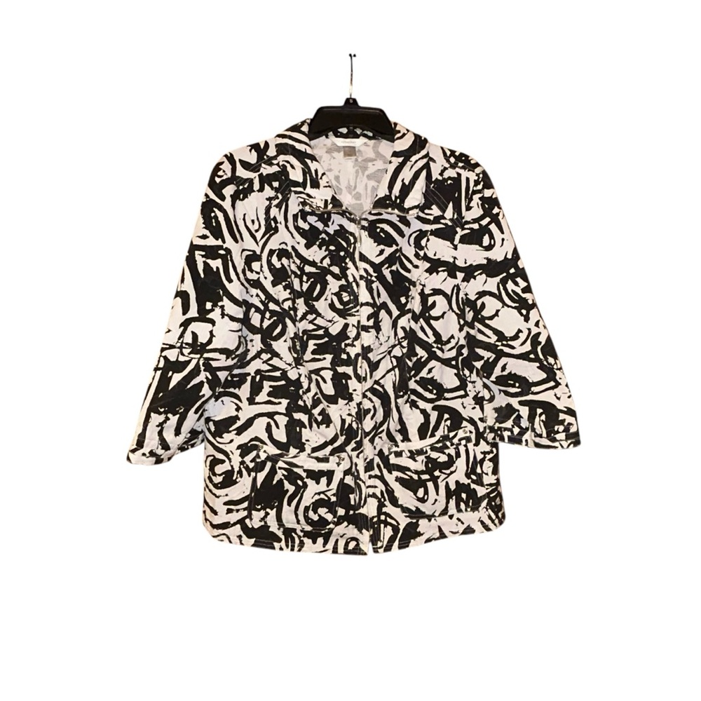 CJ Banks Womens Plus Abstract Zip Jacket Blazer 3/4 Sleeves Black White Size 1X